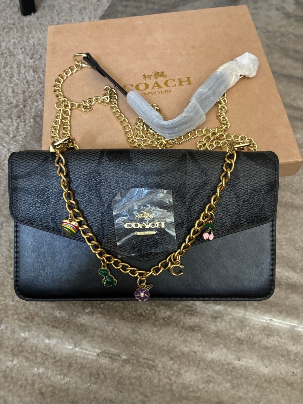 Coach Black Leather & Signature Canvas Charm Shoulder Bag with Gold Chain & box